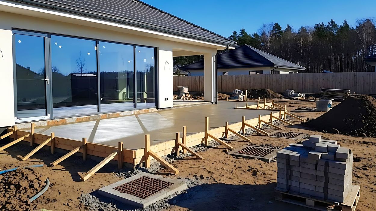 Construction d’une terrasse dans le jardin, près d’une maison, avec des coffrages en béton, des piquets en bois.