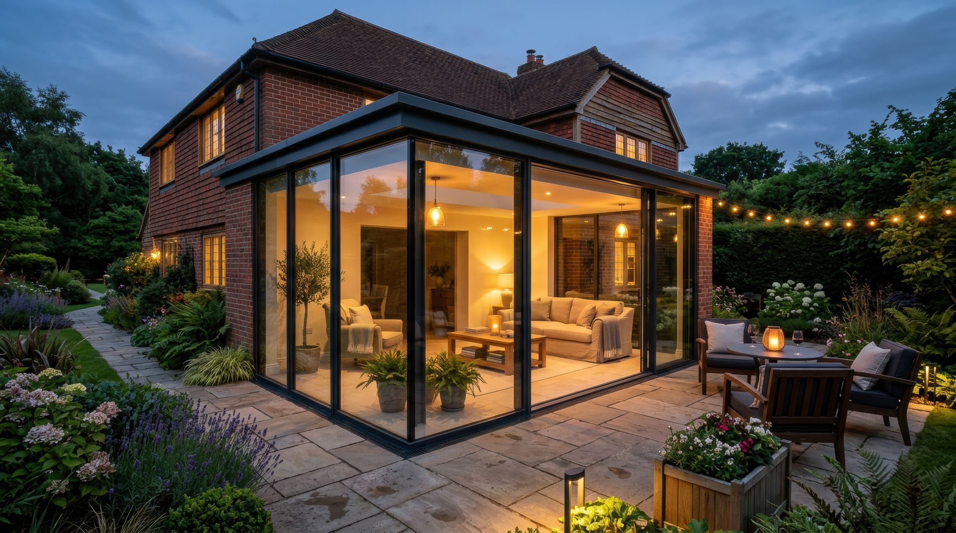 Patio vitré attenant à une maison en briques, au crépuscule, baigné d’une lumière chaleureuse, avec du mobilier d’extérieur.