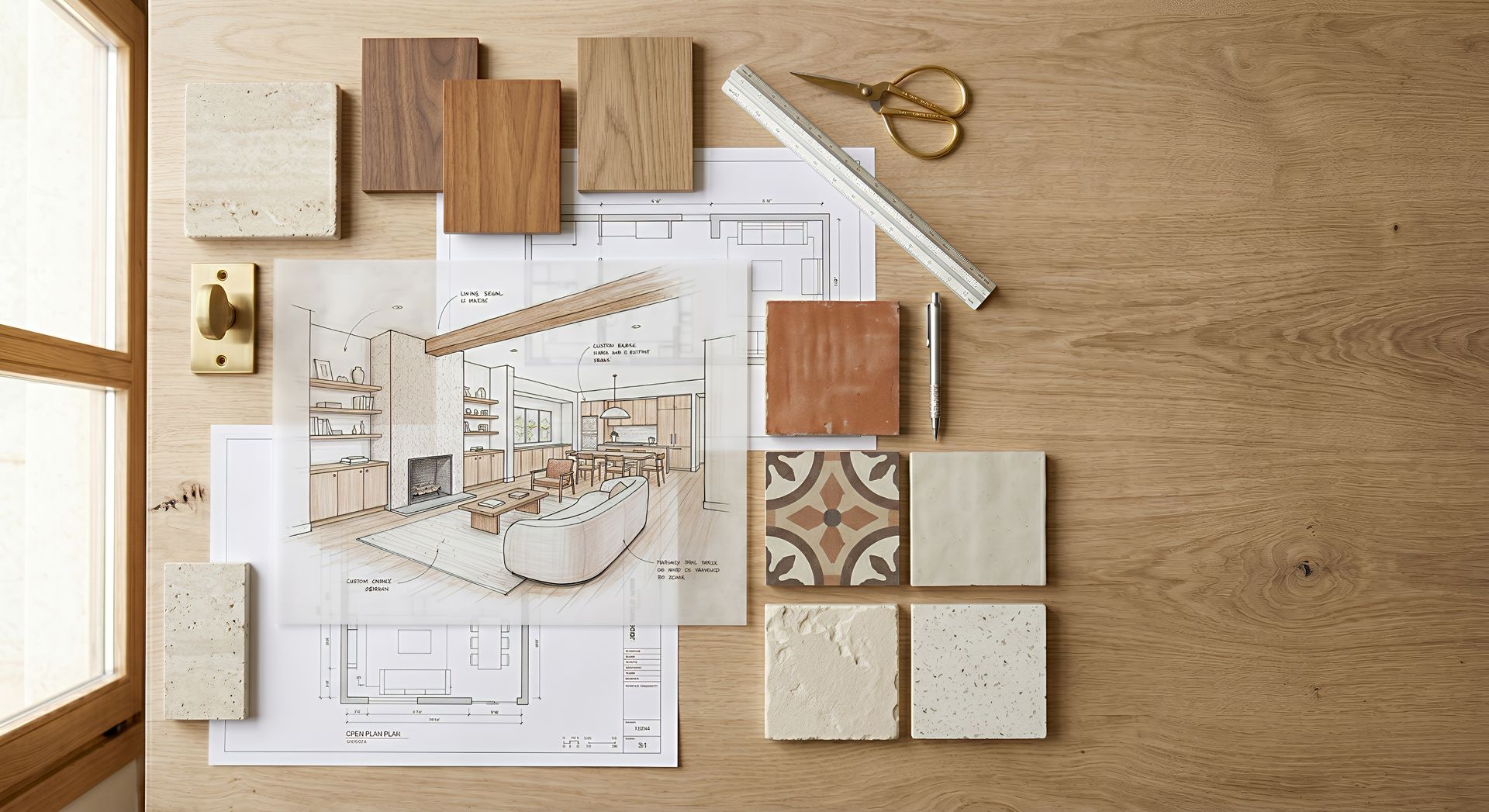 Plans d’architecte accompagnés d’échantillons de bois et de carrelage, de ciseaux et d’outils de dessin technique.