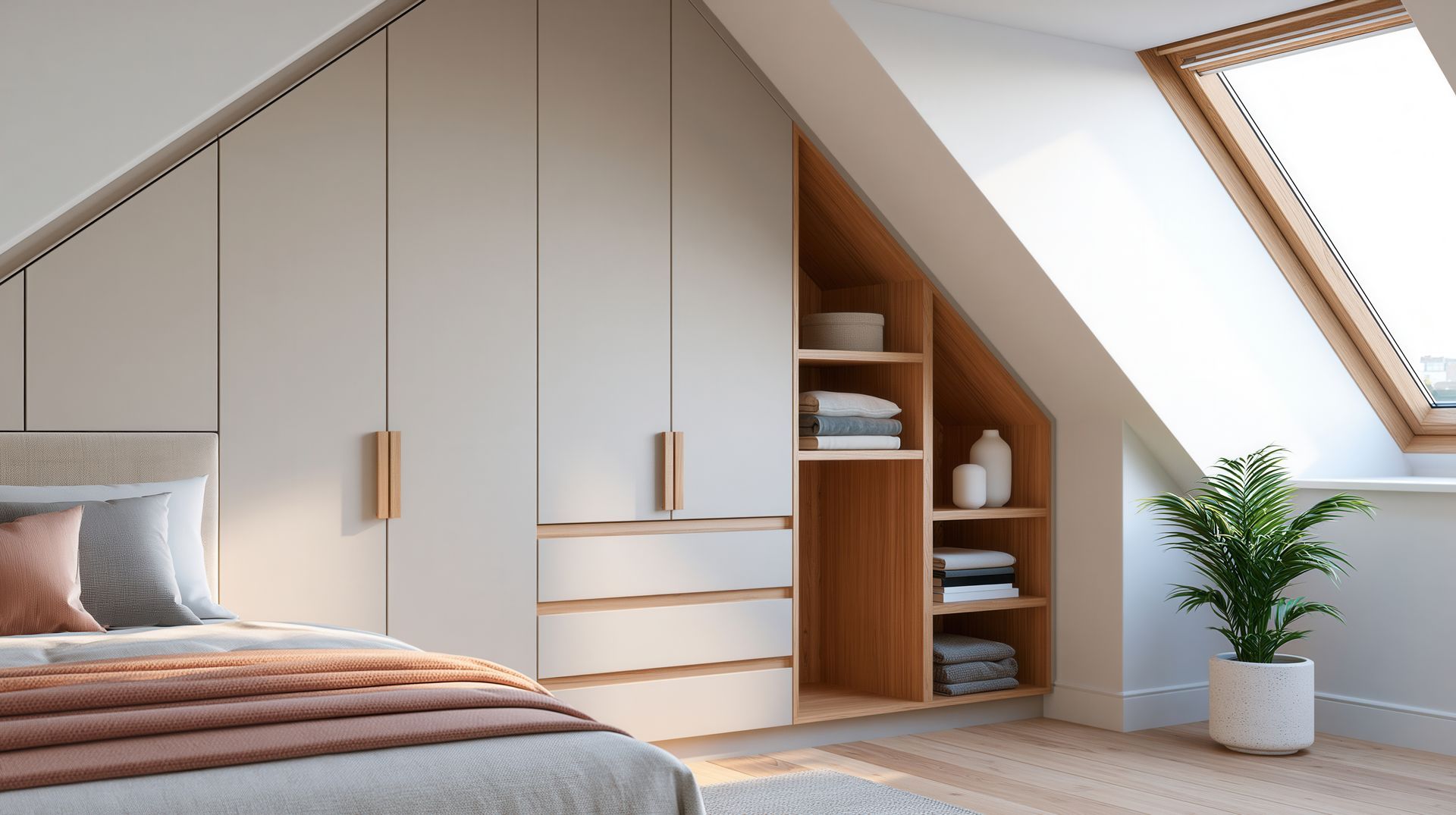 Chambre mansardée cosy avec placards intégrés beiges, un lit, une fenêtre de toit et une plante en pot.