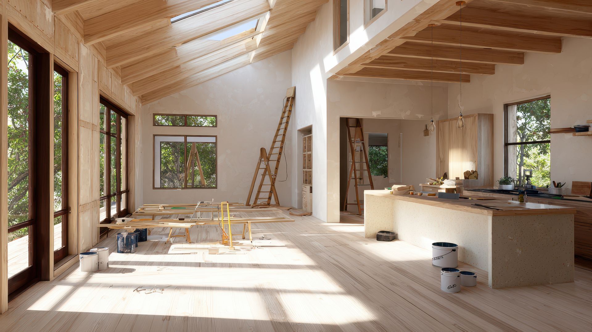 Intérieur ensoleillé d’une maison en construction, avec des poutres apparentes, de grandes fenêtres et un îlot de cuisine.