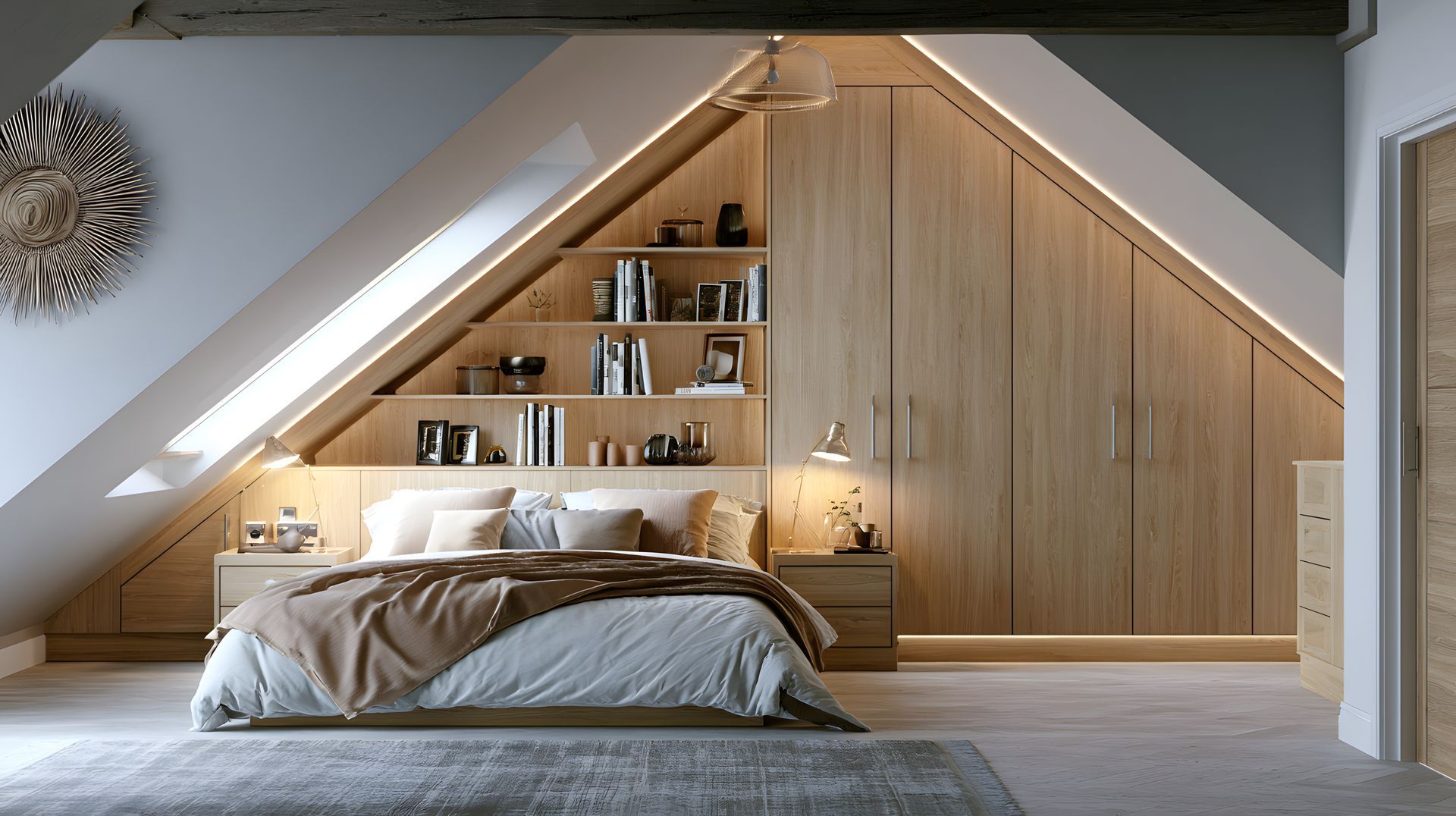 Chambre mansardée chaleureuse avec un lit, des étagères intégrées et des murs lambrissés en bois sous un plafond en pente.