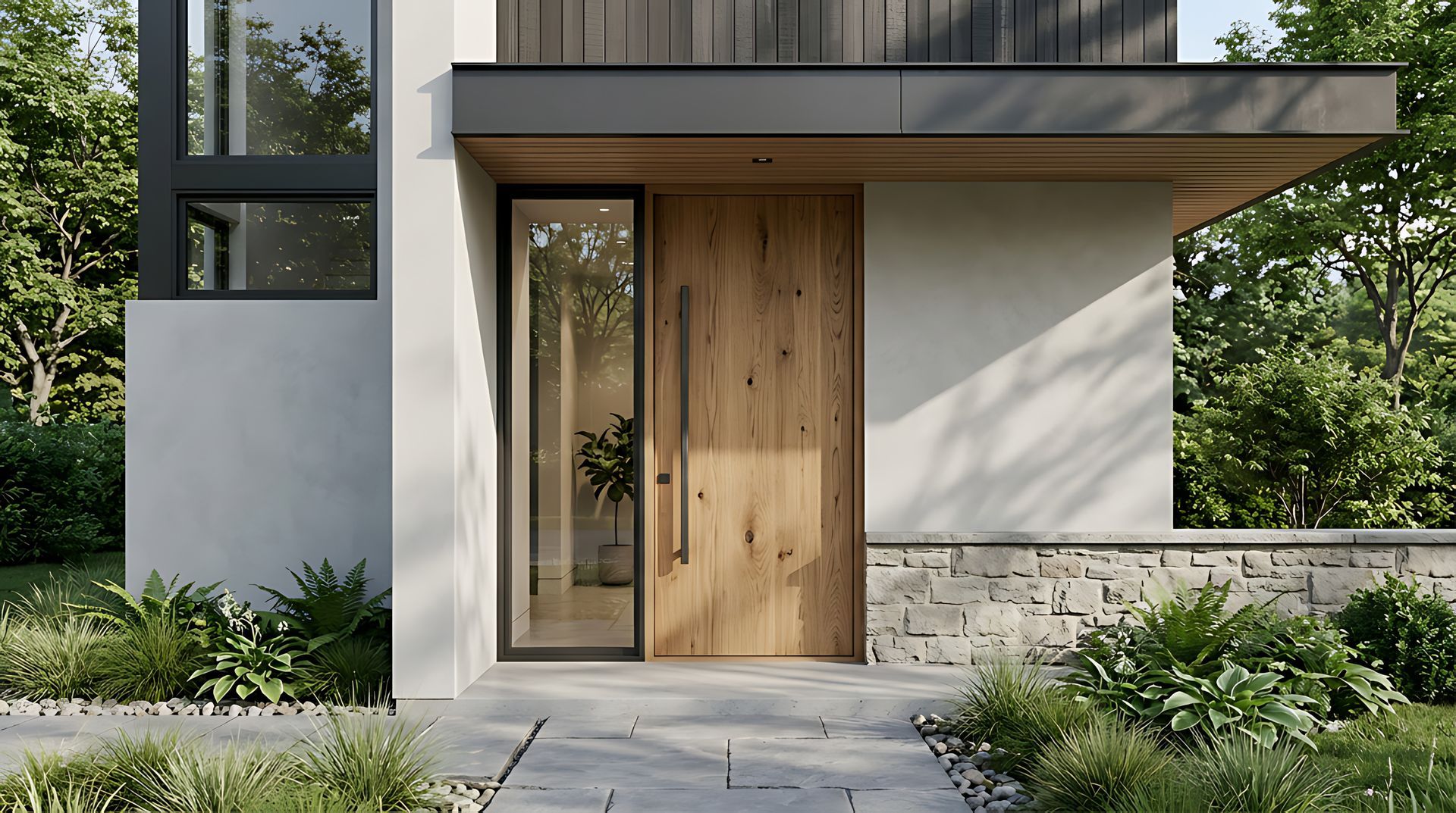 Entrée d’une maison moderne avec une porte d’entrée en bois, un soubassement en pierre et une végétation paysagée.