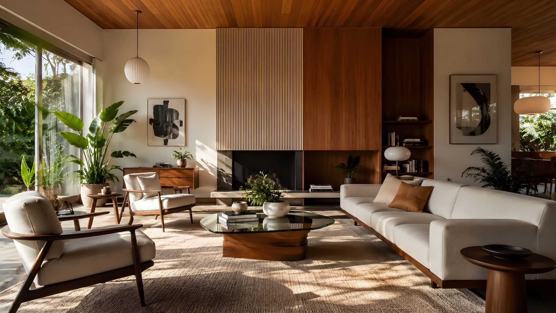 Salon moderne baigné de lumière, avec un lambris en bois, un canapé blanc, des plantes et une table basse.