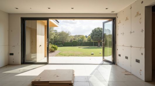 Pièce inachevée avec de grandes portes vitrées ouvertes donnant sur un jardin verdoyant et une terrasse.