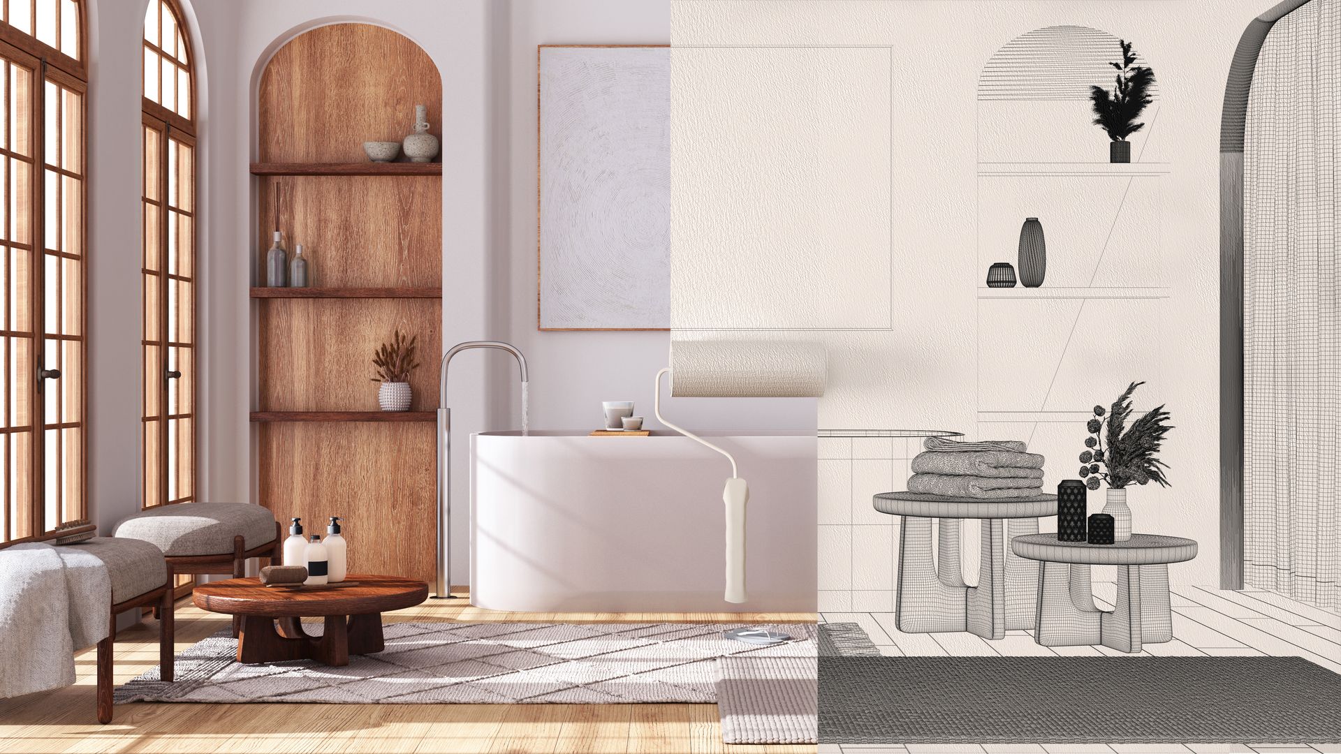 Salon moderne et minimaliste avec un canapé blanc, des étagères en bois cintrées, un tapis à motifs.