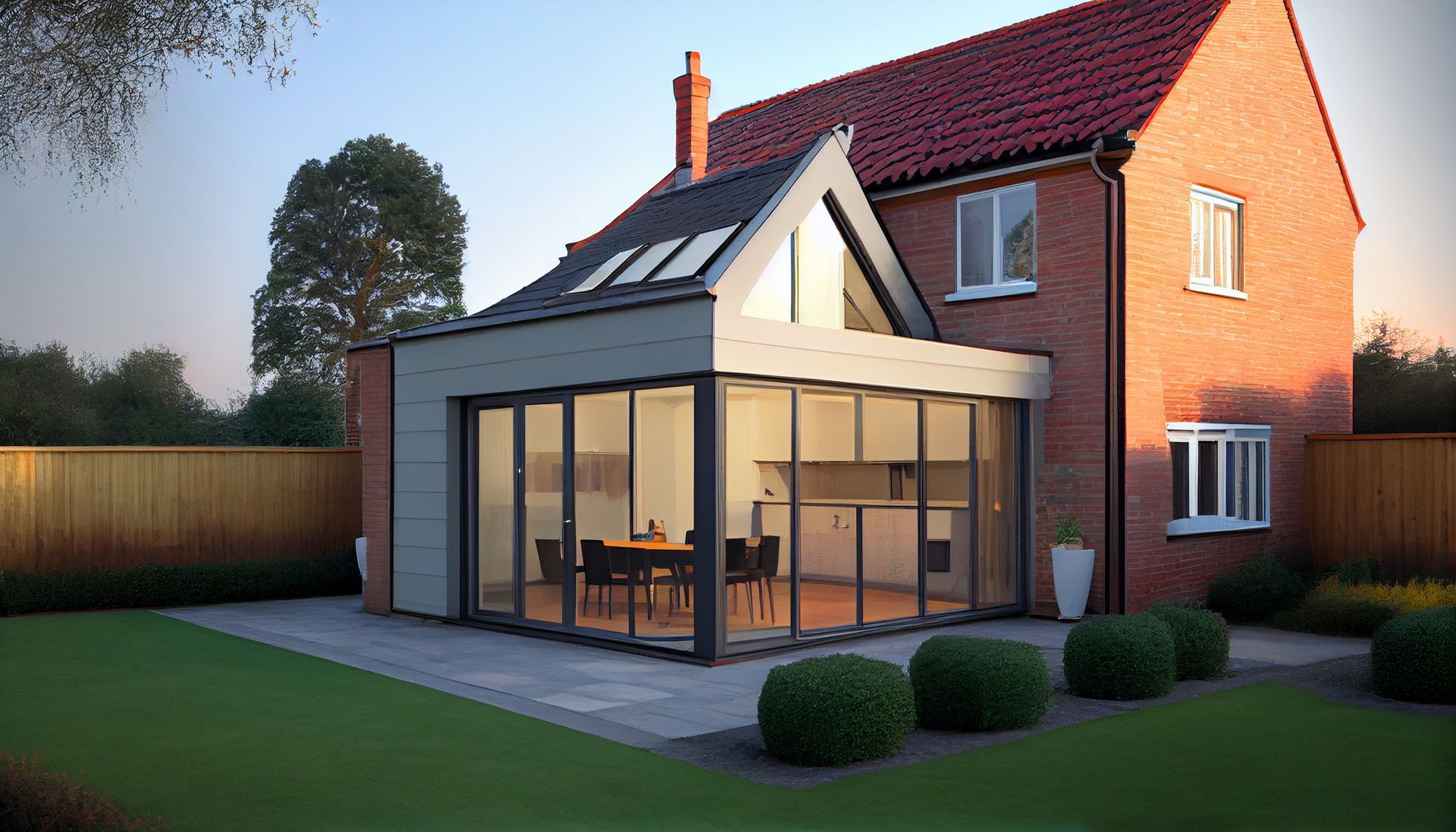 Extension contemporaine avec de grandes baies vitrées et une terrasse, aménagée dans un jardin paysager au crépuscule.