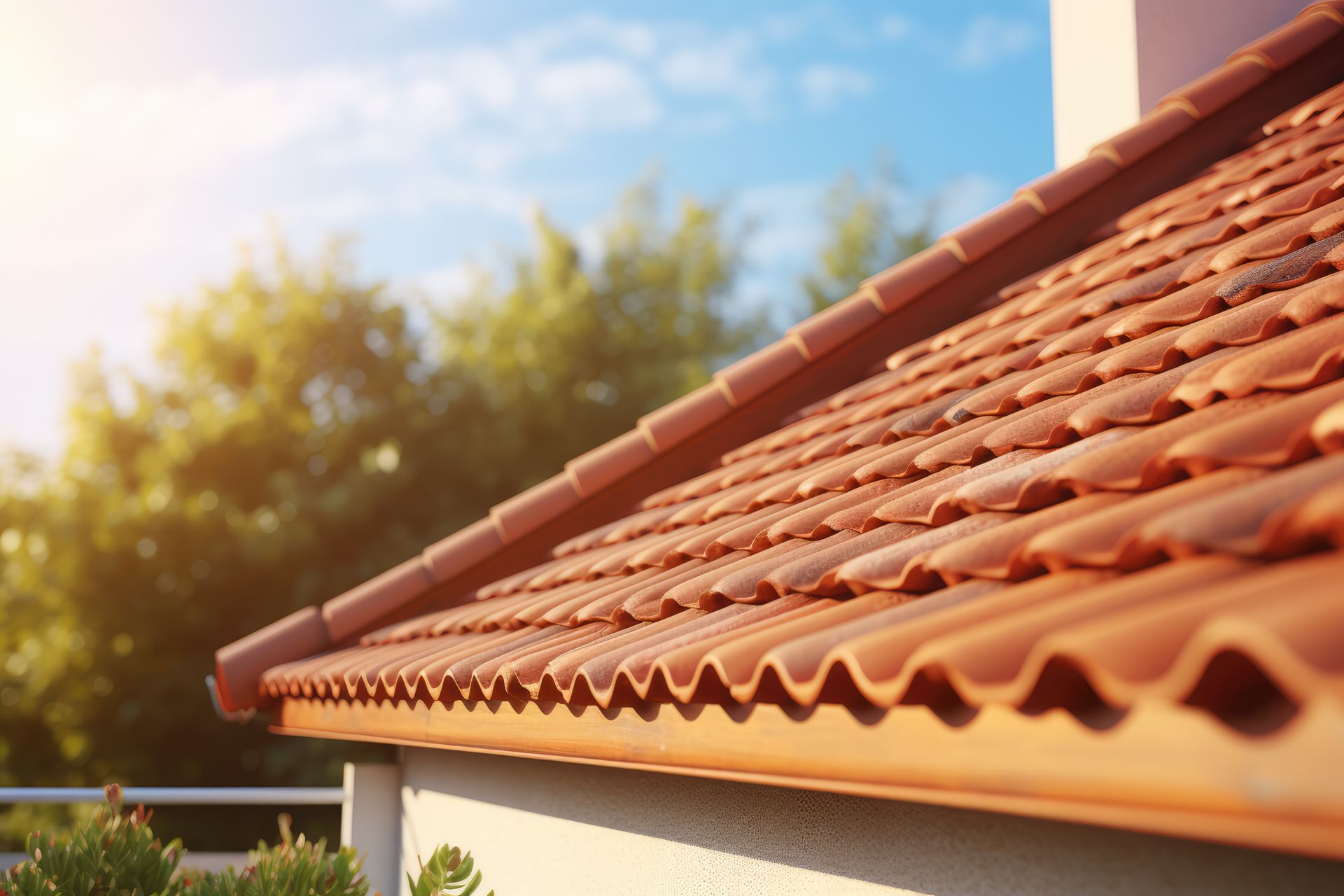 Tuiles de toit en terre cuite sur une maison, avec un ciel bleu et des arbres baignés de soleil en arrière-plan.