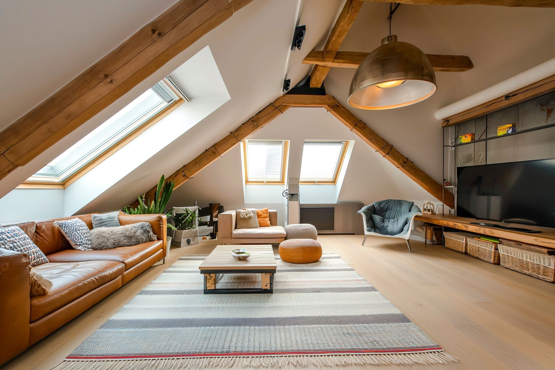 Salon mansardé avec des puits de lumière, des poutres en bois, un canapé beige, un tapis à rayures et une télévision murale