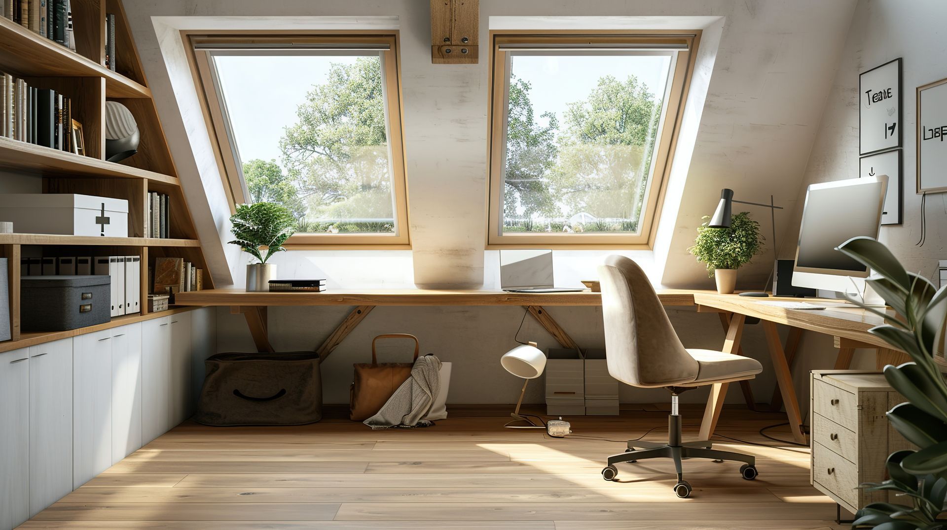 Bureau à domicile moderne et lumineux sous les combles, avec des bureaux, des chaises, des bibliothèques.
