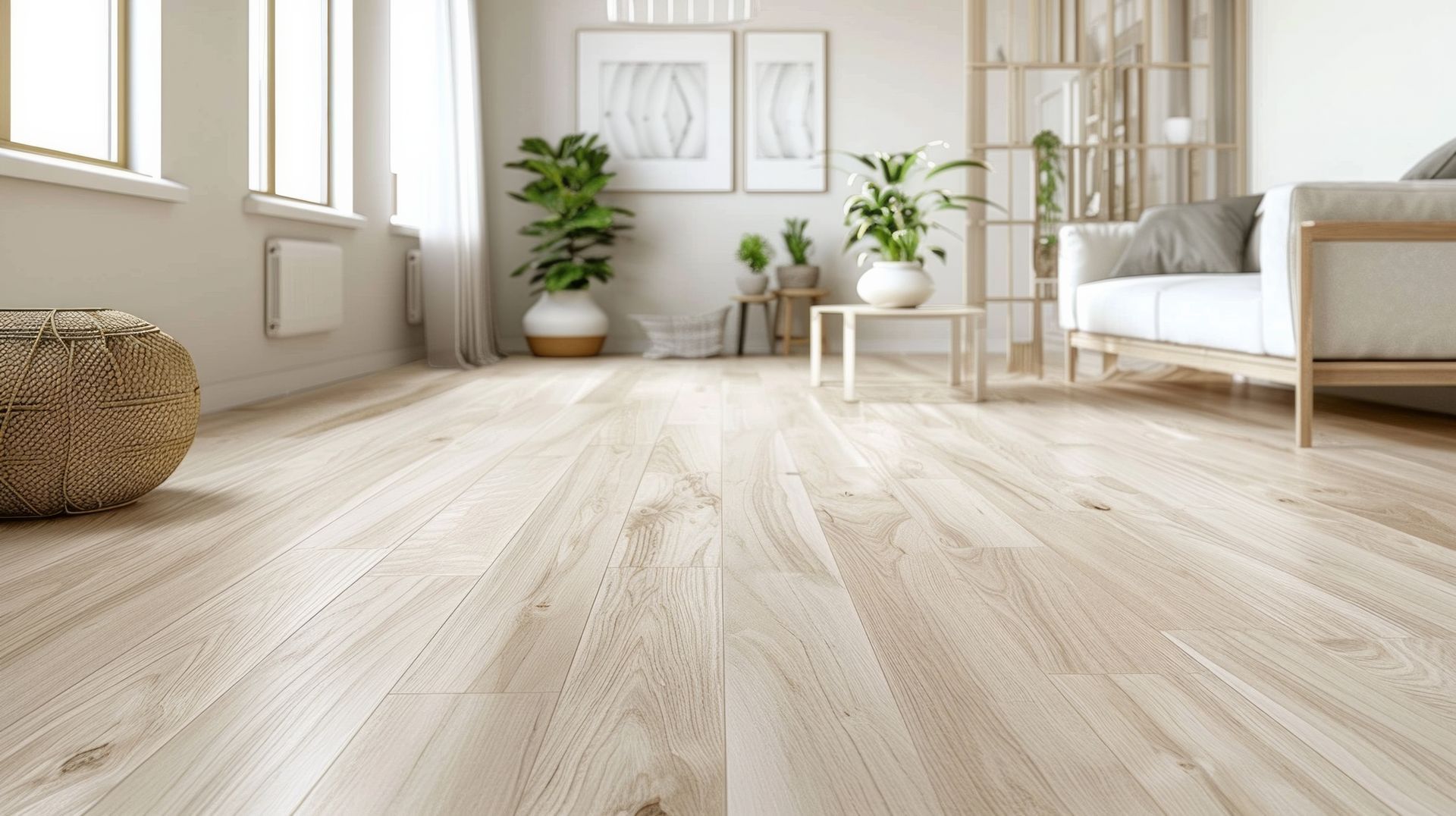 Chambre lumineuse et minimaliste avec parquet clair, lit blanc, plantes et fenêtres baignées de soleil