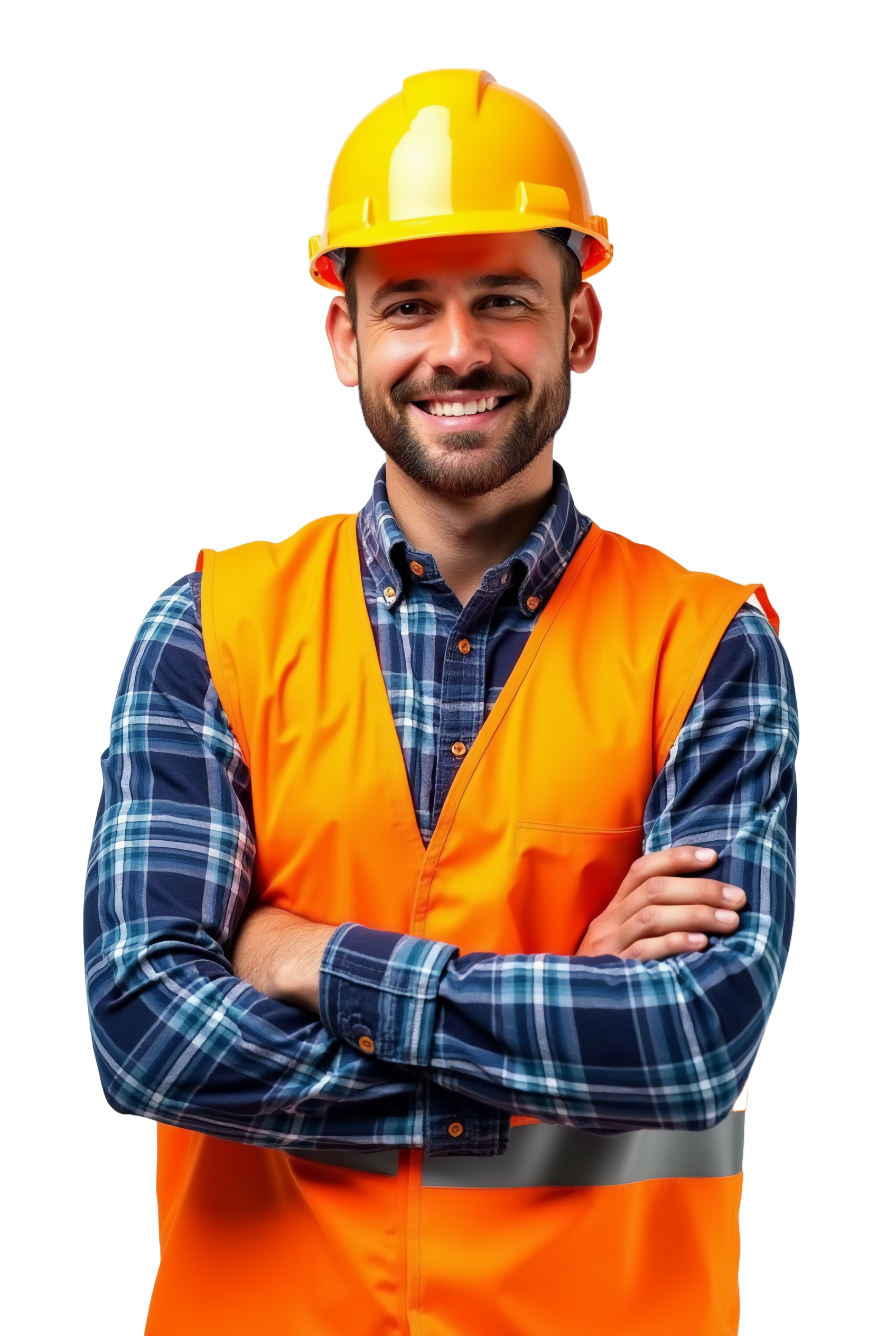 Ouvrier du bâtiment, les bras croisés, portant un casque jaune et un gilet de sécurité orange, souriant.
