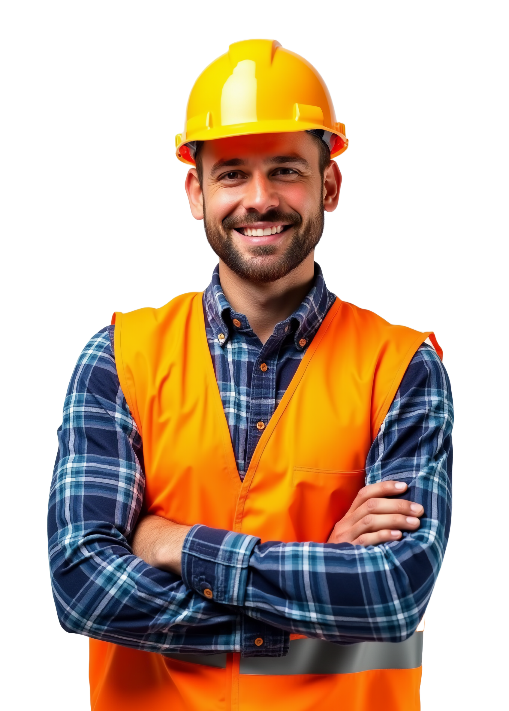 Homme en tenue de sécurité, casque jaune, gilet orange, bras croisés, souriant.