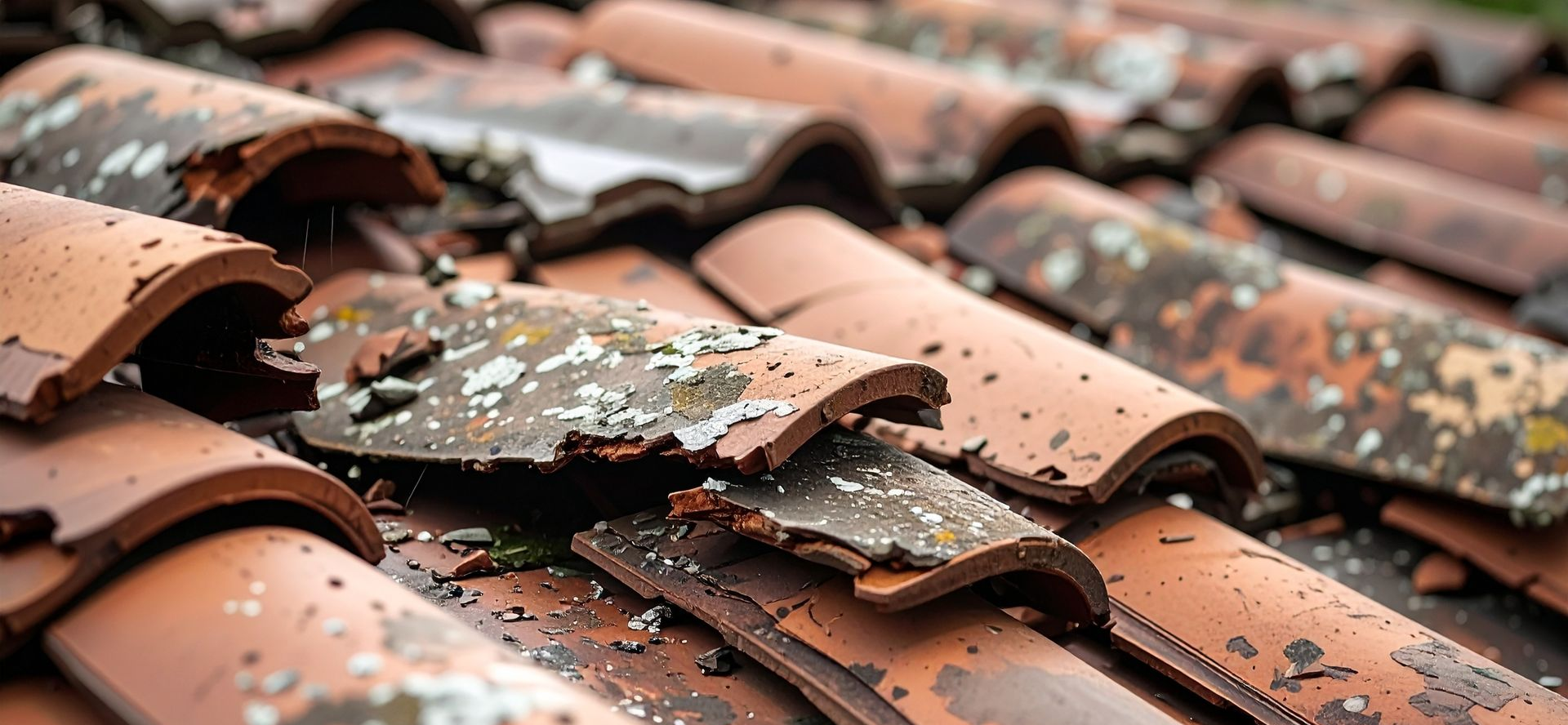 Gros plan sur des tuiles de toit en terre cuite usées par le temps, montrant leur âge et leurs dommages.