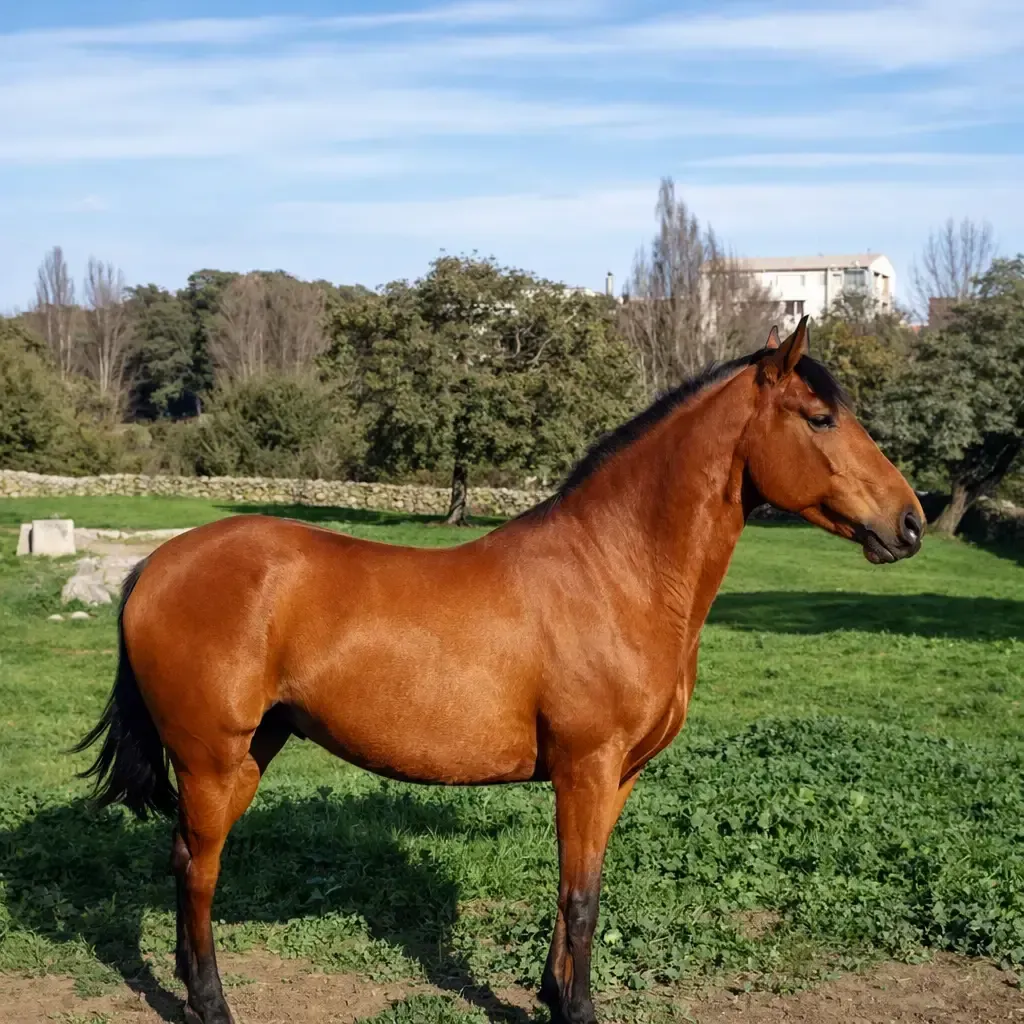 Caballo marrón de pie en un campo de hierba con árboles y edificios al fondo.