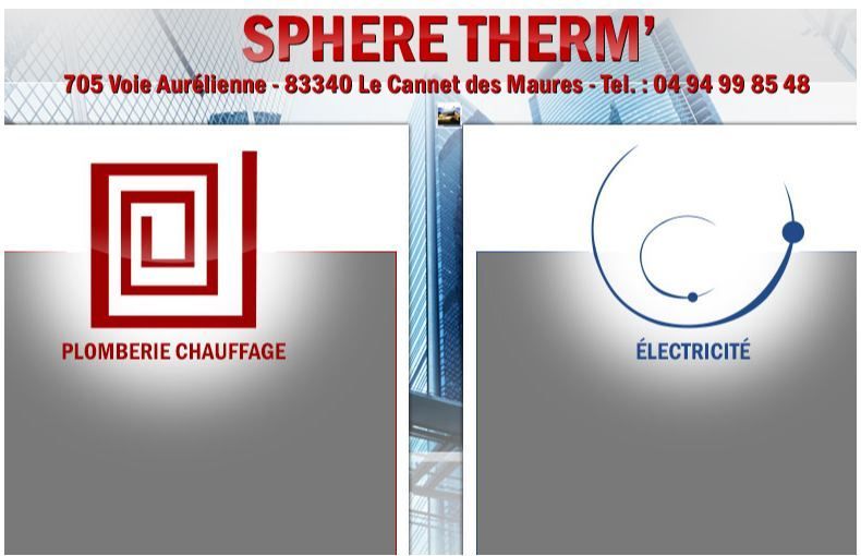 Carte de visite de Sphere Therm', entreprise de plomberie, chauffage et électricité au Cannet des Maures. Logos et coordonnées inclus.