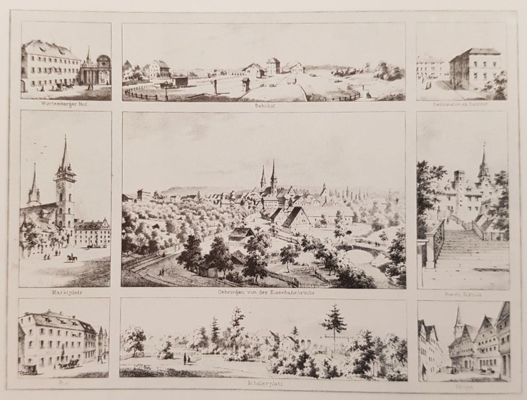 Schwarz-Weiß-Radierung einer Stadt, eingerahmt von kleineren Architekturansichten.