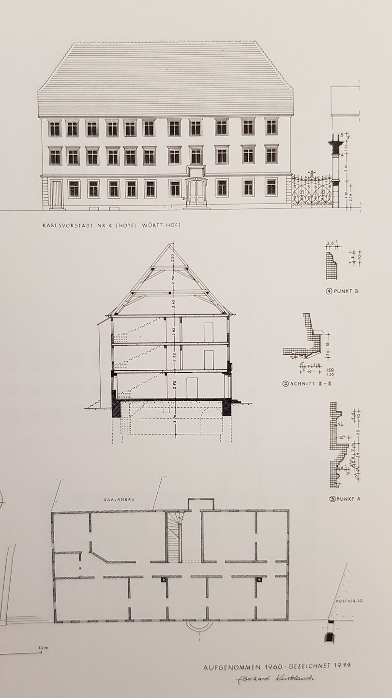 Architekturzeichnung: Aufriss, Schnitt und Plan eines Gebäudes mit Satteldach mit Details.