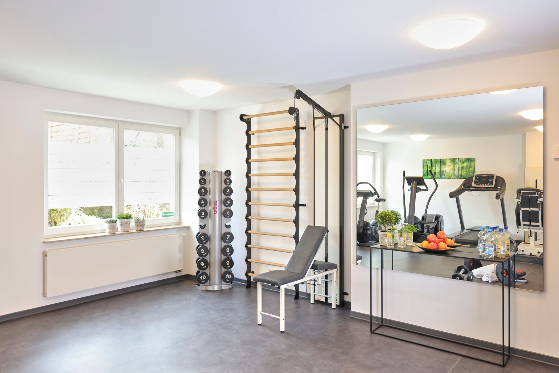 Fitnessstudio-Innenraum mit Geräten, Spiegel und Fenster. Grauer Boden, weiße Wände und neutrale Töne.
