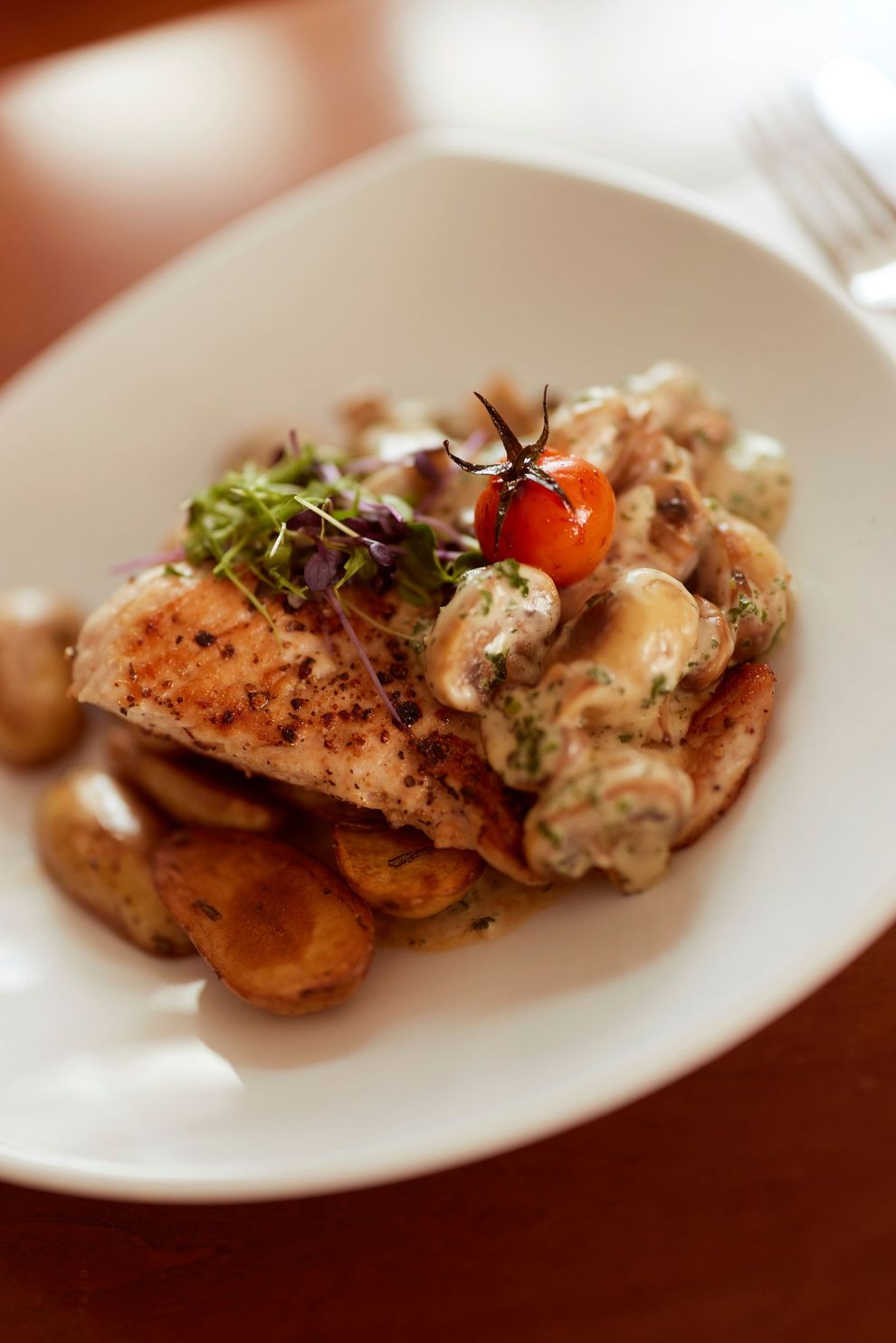 Hähnchenbrust mit Pilzsauce, Kartoffeln und einer Kirschtomate auf einem weißen Teller.