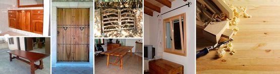 Muebles de madera y detalles de carpintería: armarios, puertas, mesa, ventana y virutas de madera.
