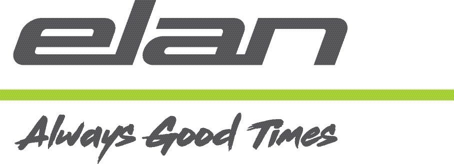 Elan-Logo mit grauem Text und Slogan „Always Good Times“ unter einer grünen Linie.
