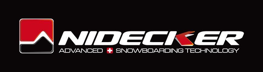 Nidecker-Logo mit einem rot-schwarzen Quadrat mit Bergdesign und den Worten „Nidecker“.