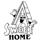 Una casa de dibujos animados con una cara y brazos que se mueven detrás del texto "SWEET HOME" en un estilo de dibujo lineal