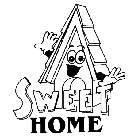 Una casa de dibujos animados con una cara y brazos que se mueven detrás del texto "SWEET HOME" en un estilo de dibujo lineal