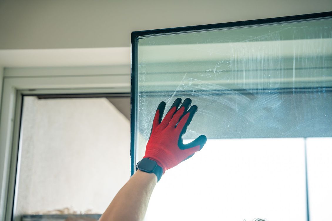 Une main gantée de rouge touche une grande vitre en cours d'installation à l'intérieur d'un bâtiment.