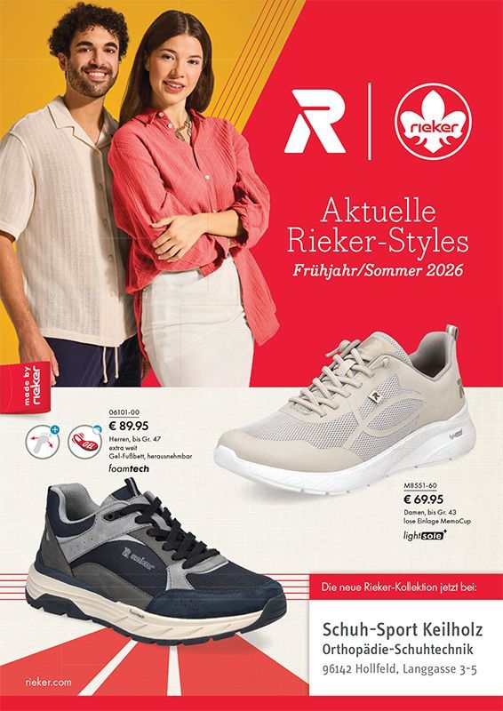 Werbeflyer für Rieker-Schuhe mit zwei Modellen, zwei Schuhstilen mit Preisen und Kontaktinformationen des Geschäfts.