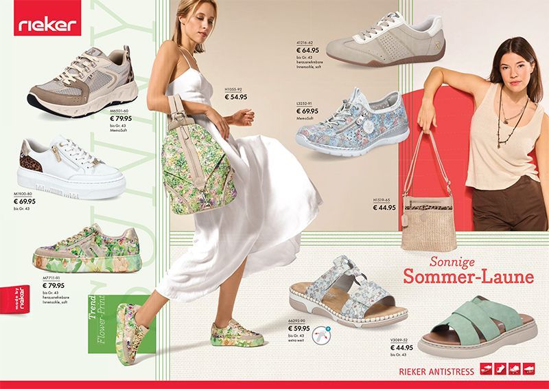 Eine Rieker-Werbung, die verschiedene Damenschuhe und einen geblümten Rucksack mit der Bildunterschrift „Sommer-Laune“ zeigt.