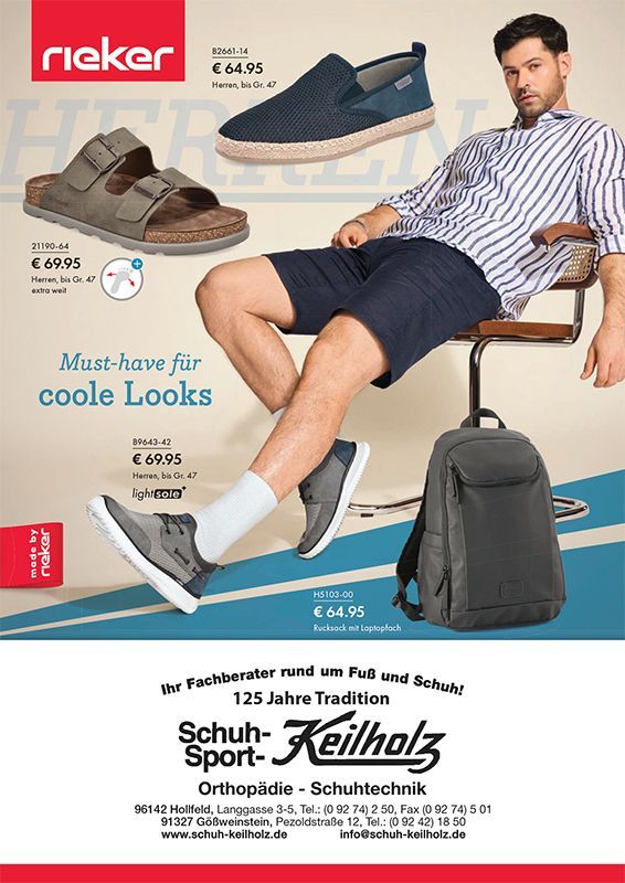 Werbung für Rieker-Schuhe mit drei Herrenschuhmodellen, einem Model auf einem Stuhl und den Kontaktdaten des örtlichen Geschäfts.
