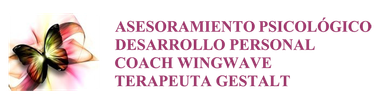 Logo con mariposa multicolor y texto: “Asesoramiento psicológico, desarrollo personal, coach wingwave, terapeuta gestalt”.