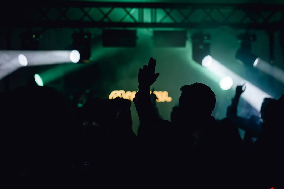 Siluetas del público en un concierto, con luces verdes en el escenario y las manos en alto