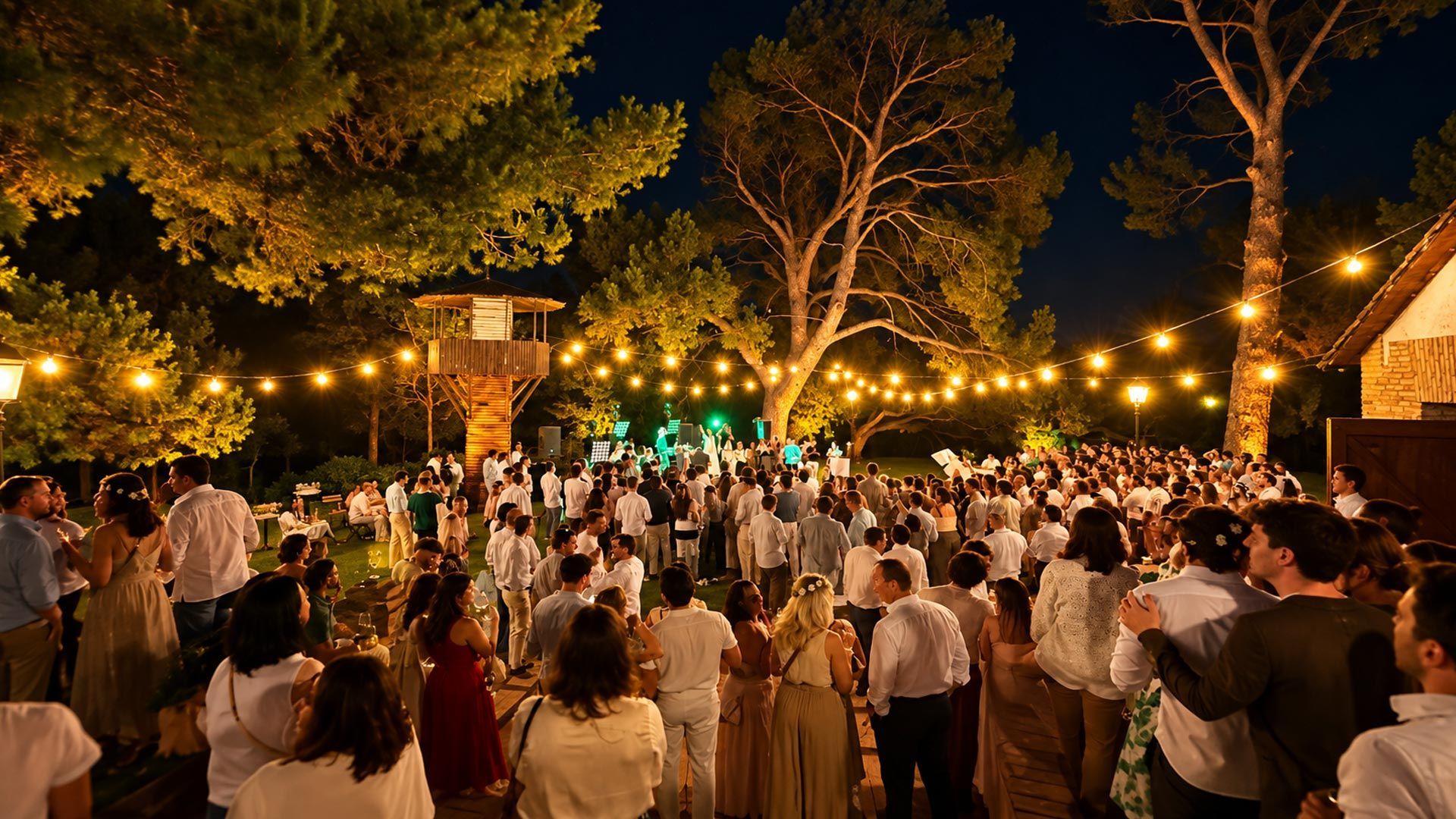 Multitud vestida de blanco en una celebración nocturna al aire libre, bajo los árboles y las guirnaldas de luces, con una iluminación cálida