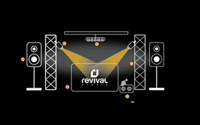 Gráfico de un escenario de concierto negro con altavoces, focos amarillos y un logotipo central de «CI revival»