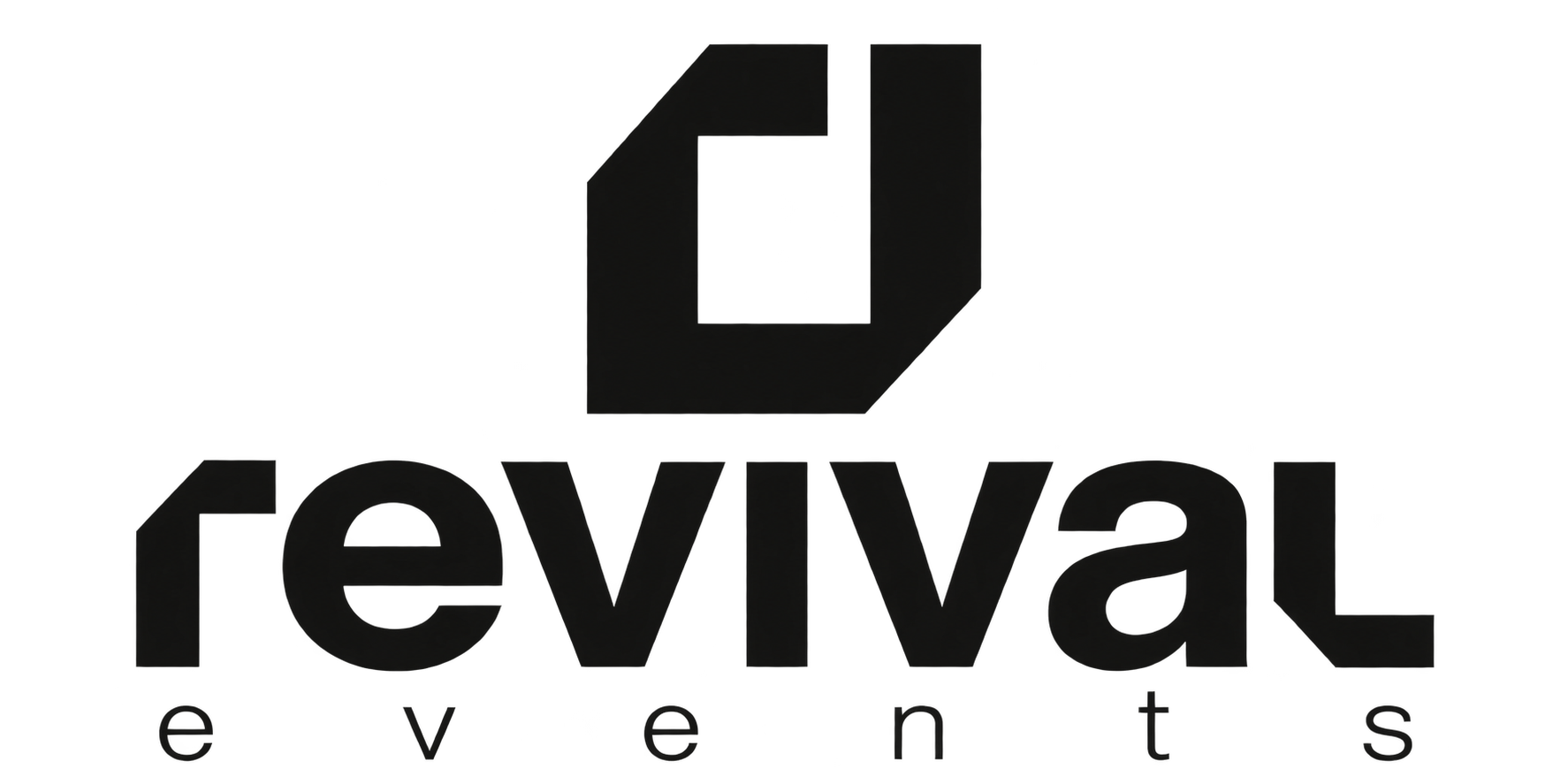 Logotipo Revival con un emblema negro estilizado y texto en minúsculas sobre un fondo blanco