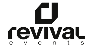 Logotipo Revival con un emblema negro estilizado y texto en minúsculas sobre un fondo blanco