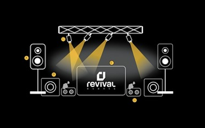 Logotipo de DJ Revival con luces de escenario y altavoces sobre fondo negro