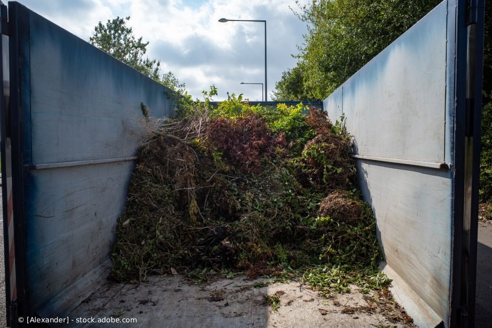 Die Ladefläche eines Kipplasters ist mit Gartenabfällen gefüllt: Äste, Blätter und Grünpflanzen