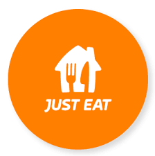 Logotipo de Just Eat: silueta de una casa blanca con tenedor y cuchillo sobre un círculo naranja. 