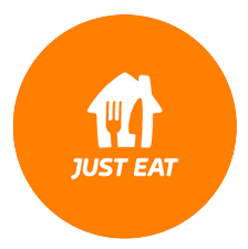 Logotipo de Just Eat: silueta de una casa blanca con tenedor y cuchillo sobre un círculo naranja. 