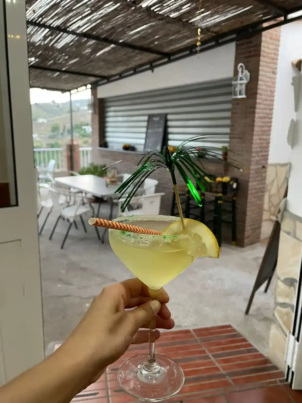 Mano sosteniendo un cóctel con rodaja de limón y decoración de palmera, terraza al aire libre en el fondo.