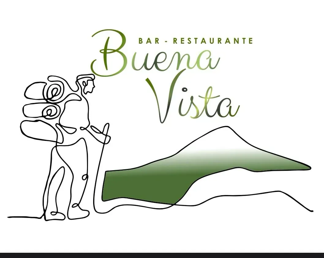 Logotipo para Bar-Restaurante "Buena Vista" con un excursionista y una montaña en verde y blanco.