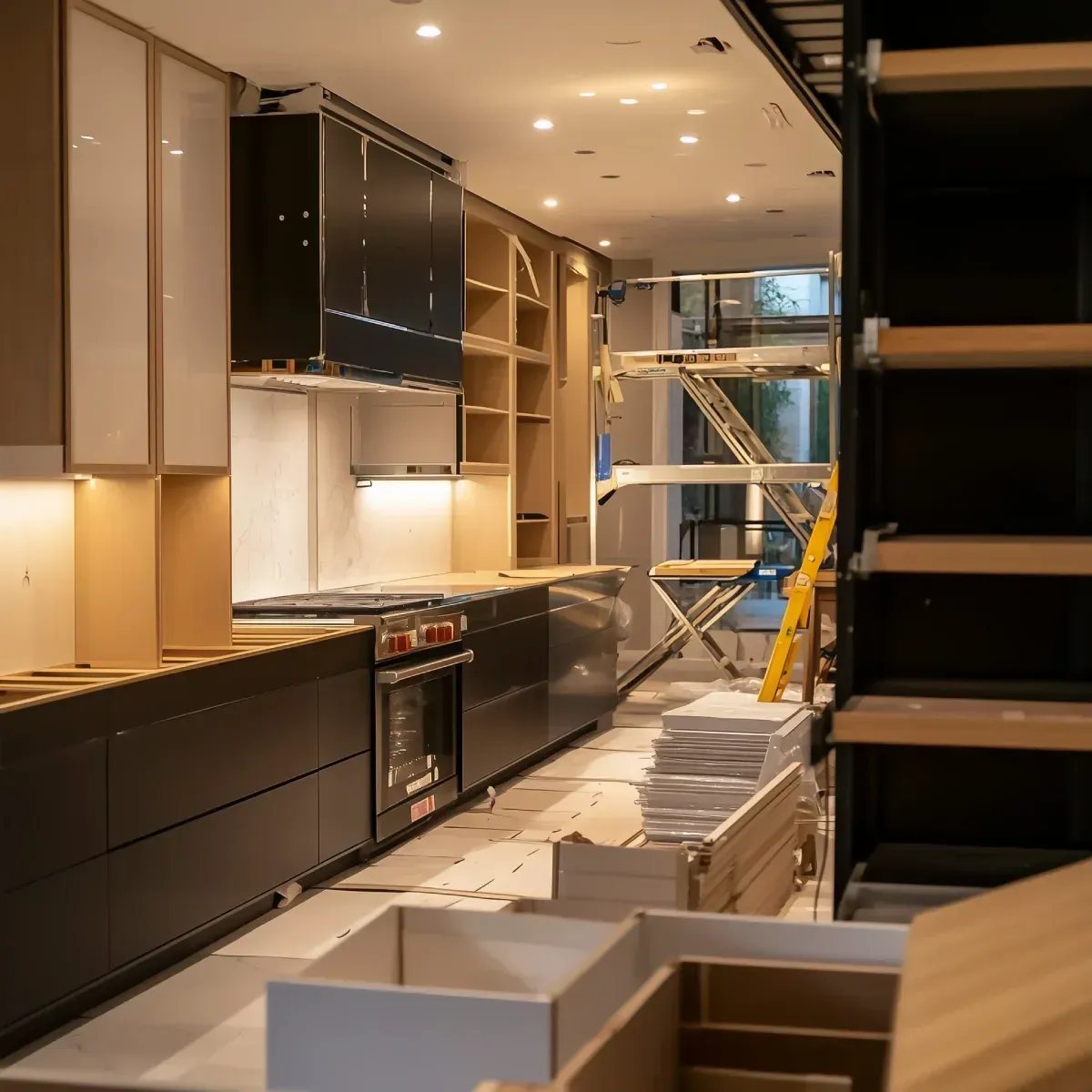 Cocina en construcción, con gabinetes oscuros, electrodomésticos de acero inoxidable y estanterías.