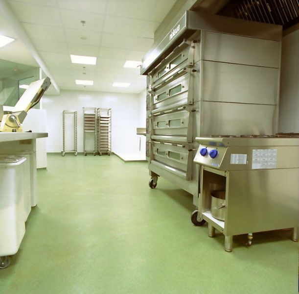 Cuisine professionnelle avec un sol vert