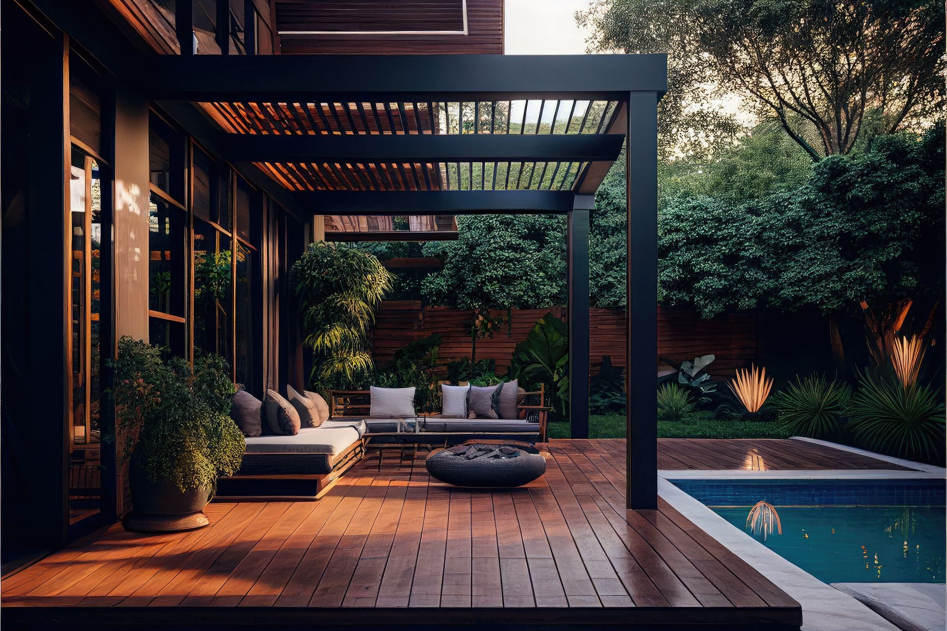 Terrasse en bois devant une piscine