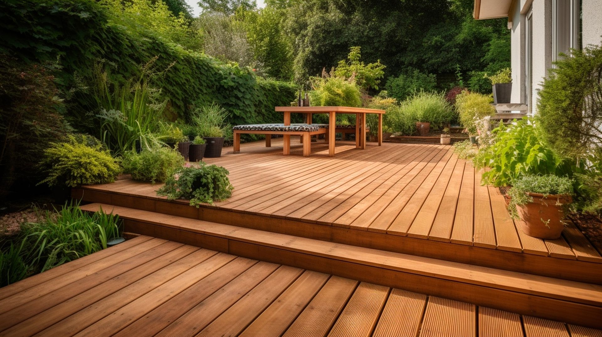 Terrasse en bois avec table en bois