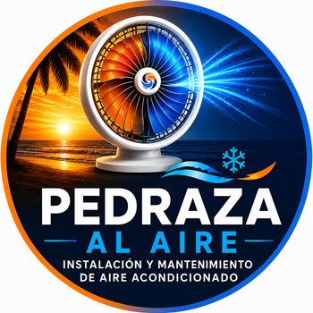 Logotipo circular de PedrAza al Aire, con un ventilador en el centro, un sol y un cielo azul